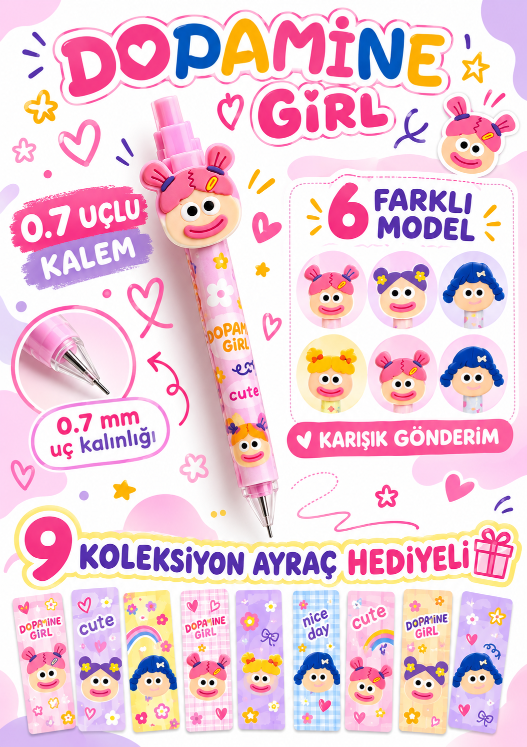 Uçlu Kalem - Dopamin Girl - Sevimli Eğlenceli 0.7 Uçlu Kalem